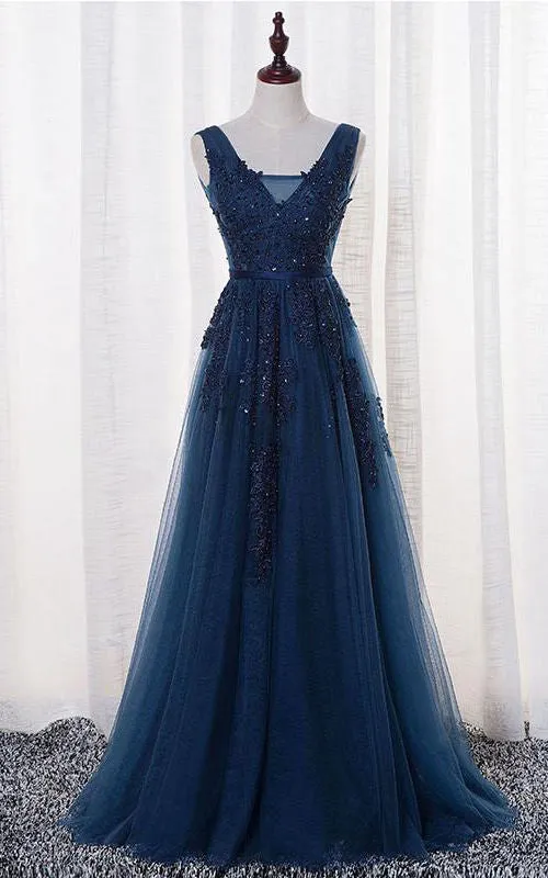 Sleeveless V-neck Long Beaded Tulle Dress-331321