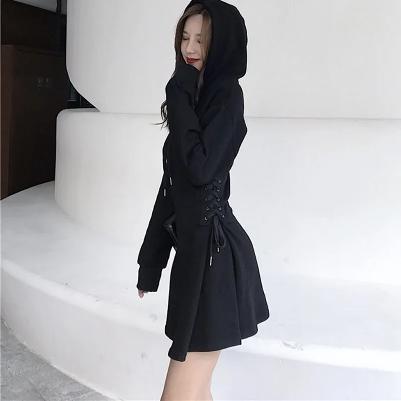 Slim Lace-Up Waist Hooded Dress for Spring