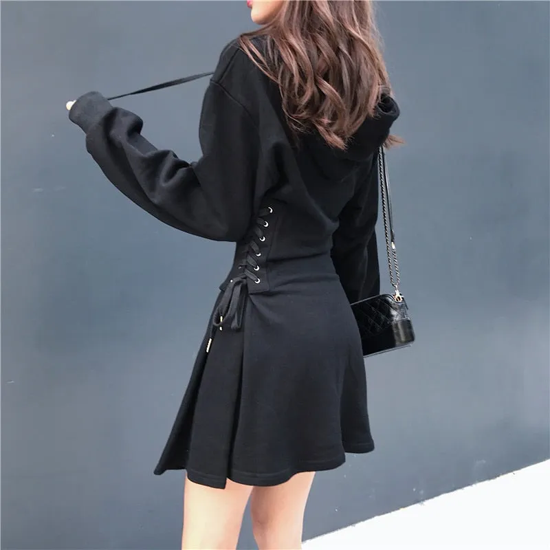 Slim Lace-Up Waist Hooded Dress for Spring