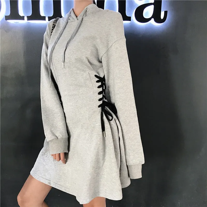 Slim Lace-Up Waist Hooded Dress for Spring