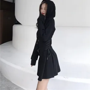 Slim Lace-Up Waist Hooded Dress for Spring