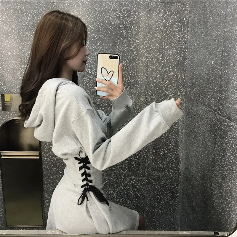 Slim Lace-Up Waist Hooded Dress for Spring