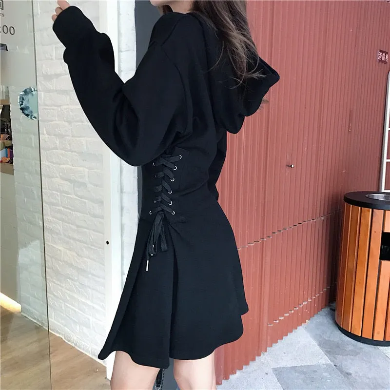 Slim Lace-Up Waist Hooded Dress for Spring