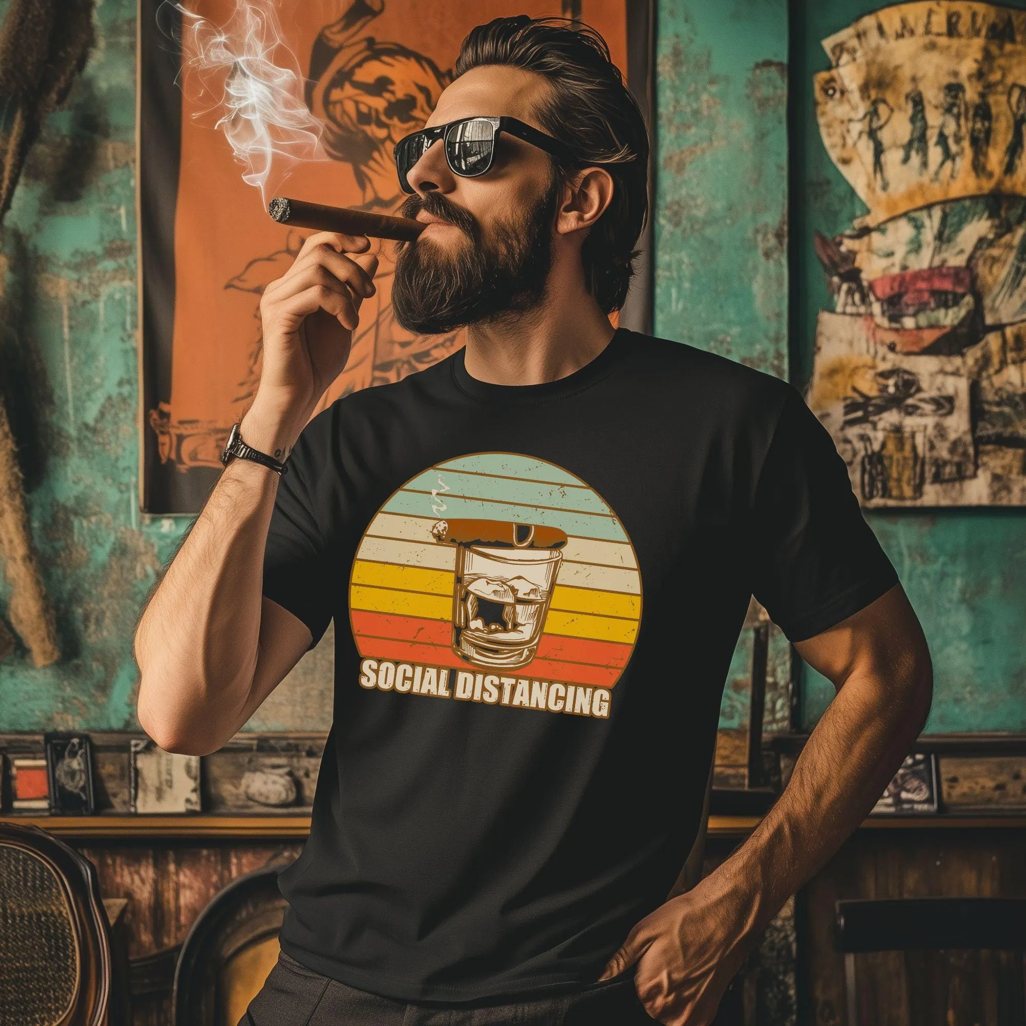 Social Distancing Cigar Bourbon Vintage T-Shirt