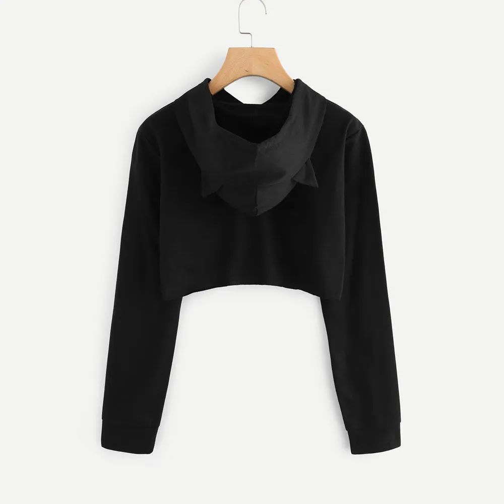 Solid Cat Ear Long Sleeve Cropped Sweatshirt