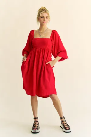 SOLID TEXTURED FABRIC PUFF SLEEVE TIE BACK