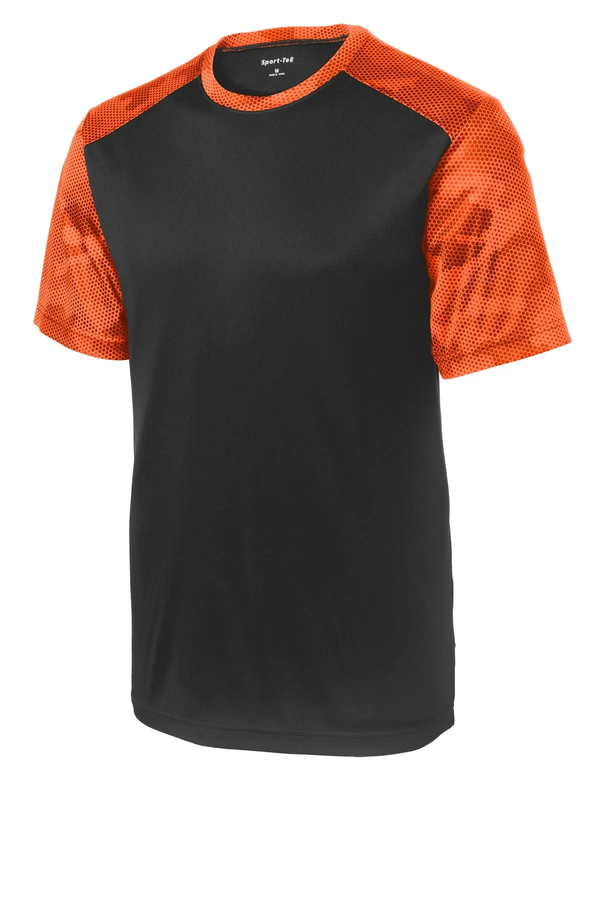 Sport-Tek CamoHex Colorblock Tee. ST371 Black/ Neon Orange