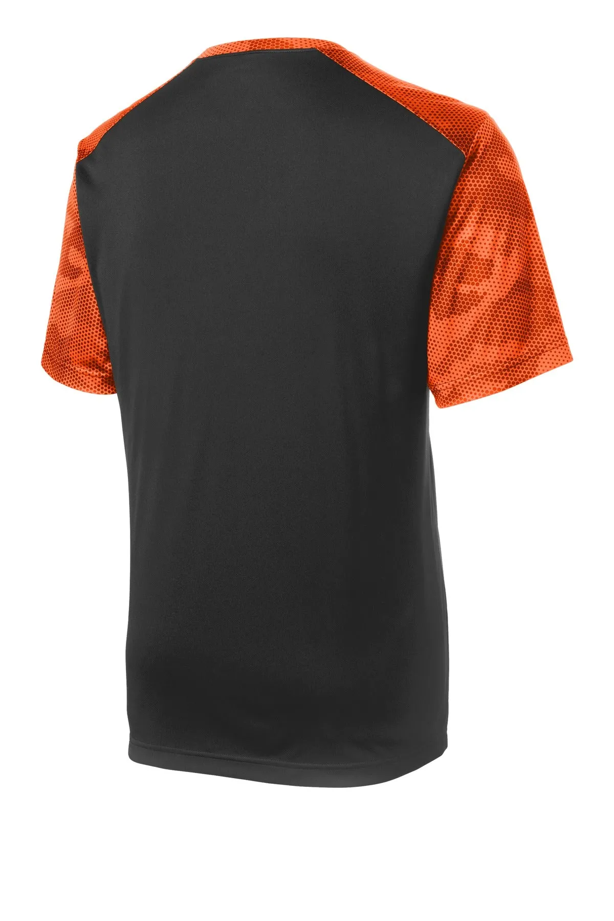 Sport-Tek CamoHex Colorblock Tee. ST371 Black/ Neon Orange