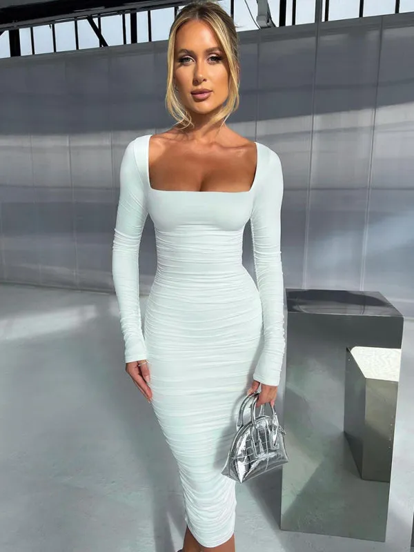 Square Neck Slim Fit Maxi Dress with Pleated Design