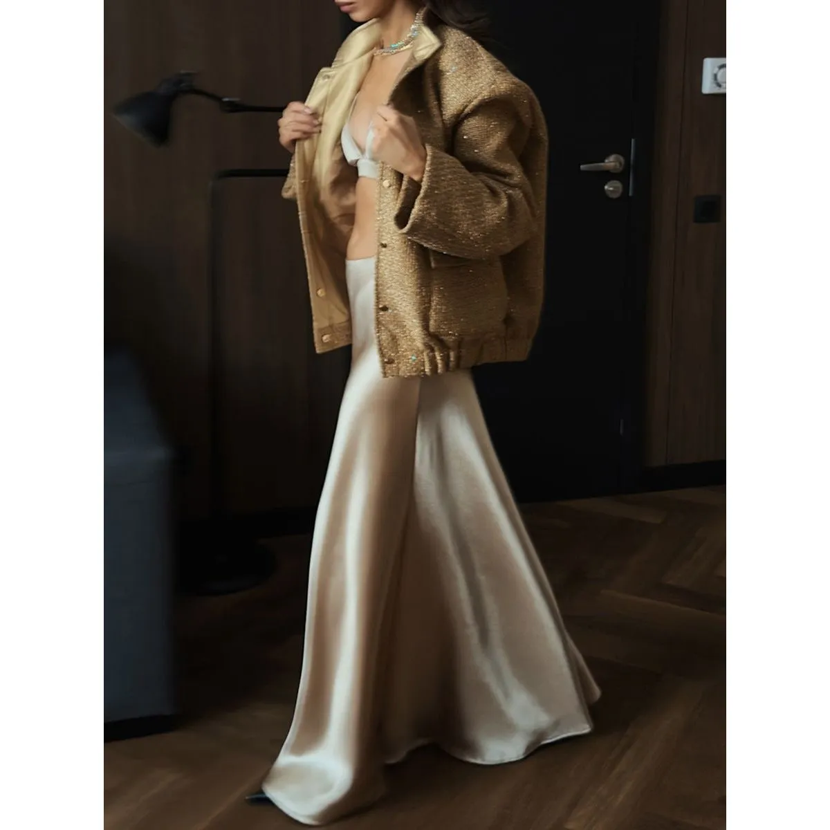 Stand-up Collar Loose Pocket Sequin Jacket