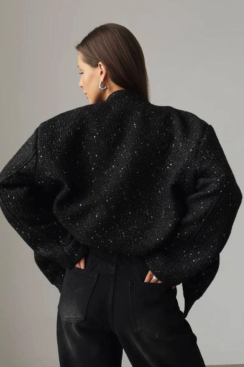 Stand-up Collar Loose Pocket Sequin Jacket
