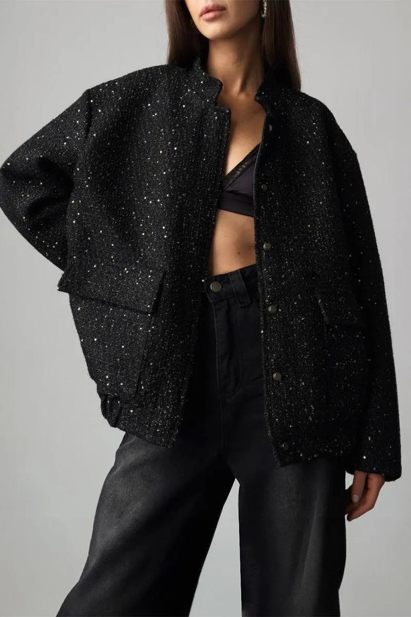 Stand-up Collar Loose Pocket Sequin Jacket