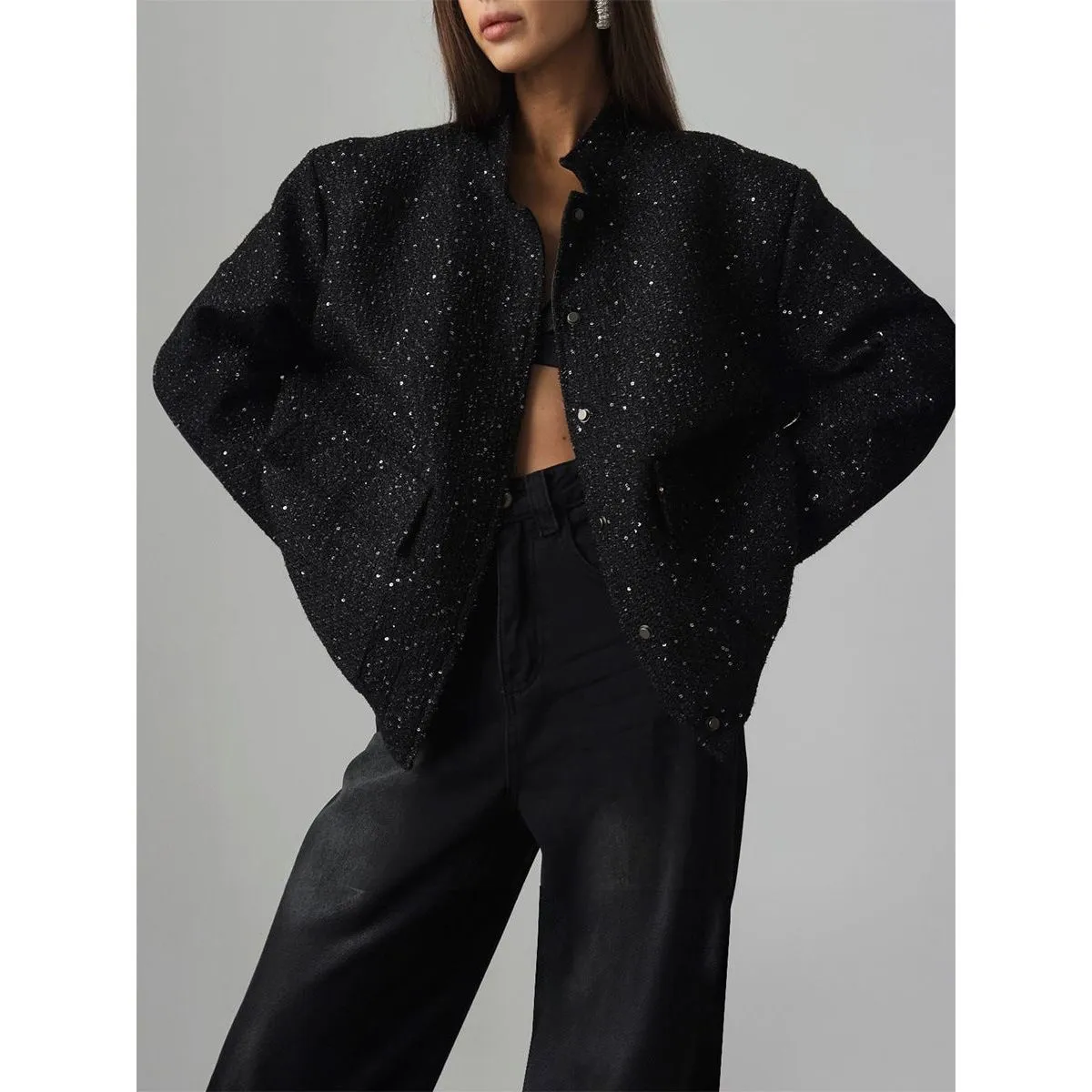 Stand-up Collar Loose Pocket Sequin Jacket