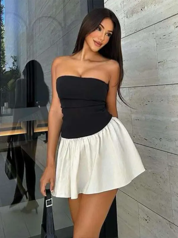 Strapless Mini Dress with Pleated Skirt and Slim Fit