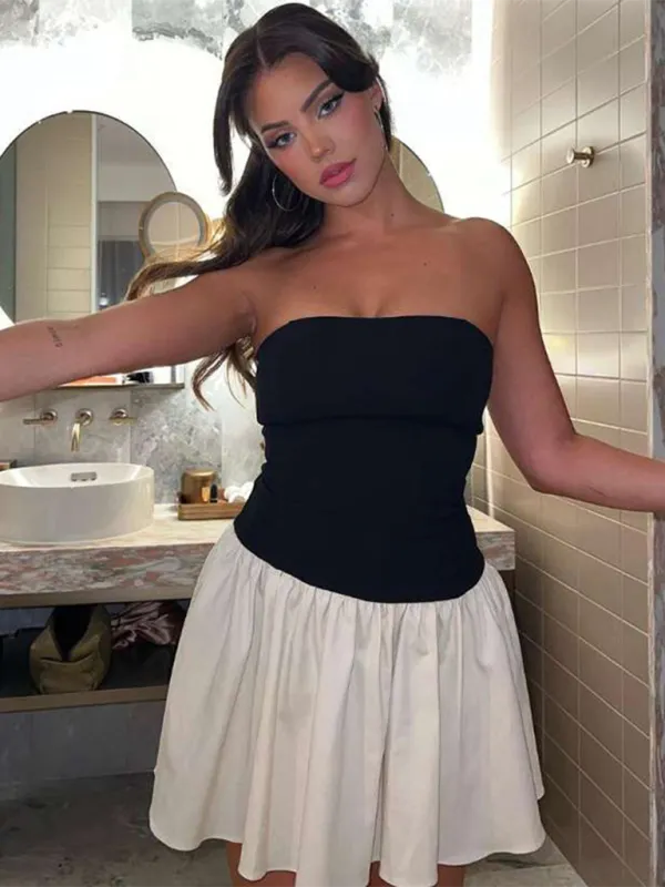 Strapless Mini Dress with Pleated Skirt and Slim Fit