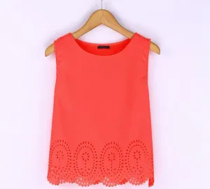 Style Women Cropped Top Chiffon Tank Sleeveless Hollow Out Plus Size Casual