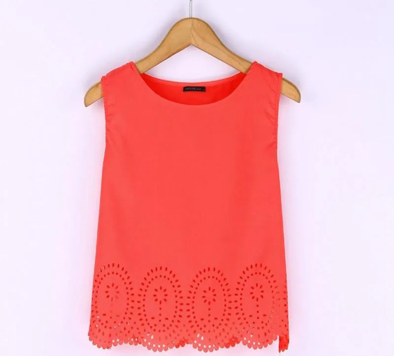 Style Women Cropped Top Chiffon Tank Sleeveless Hollow Out Plus Size Casual