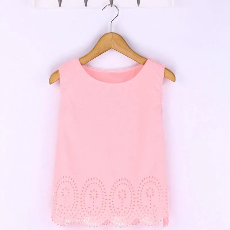 Style Women Cropped Top Chiffon Tank Sleeveless Hollow Out Plus Size Casual