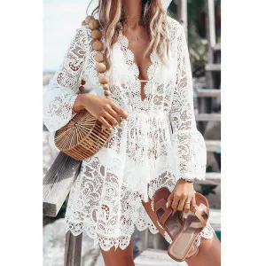 Summer Cardigan Swimwear Beach Short Dress Hollow Out Floral V Neck Elegant Skirts