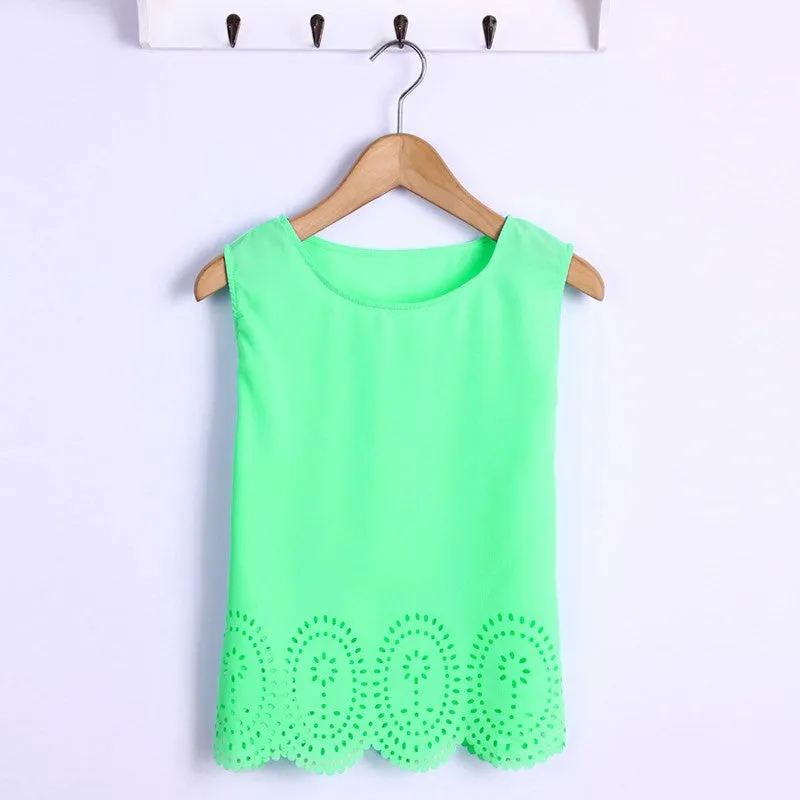 Summer Fashion Women Cropped Top Chiffon Tank Hollow Out Sleeveless Vest Plus Size Ladies Casual Blusa Feminina 6 Colors