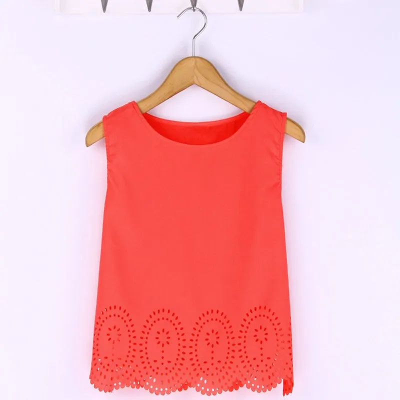 Summer Fashion Women Cropped Top Chiffon Tank Hollow Out Sleeveless Vest Plus Size Ladies Casual Blusa Feminina 6 Colors