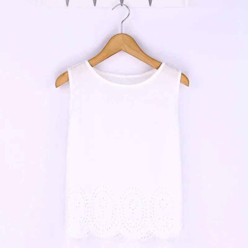 Summer Fashion Women Cropped Top Chiffon Tank Hollow Out Sleeveless Vest Plus Size Ladies Casual Blusa Feminina 6 Colors