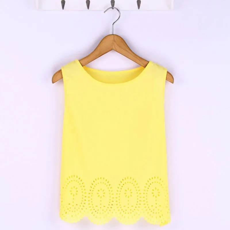 Summer Fashion Women Cropped Top Chiffon Tank Hollow Out Sleeveless Vest Plus Size Ladies Casual Blusa Feminina 6 Colors