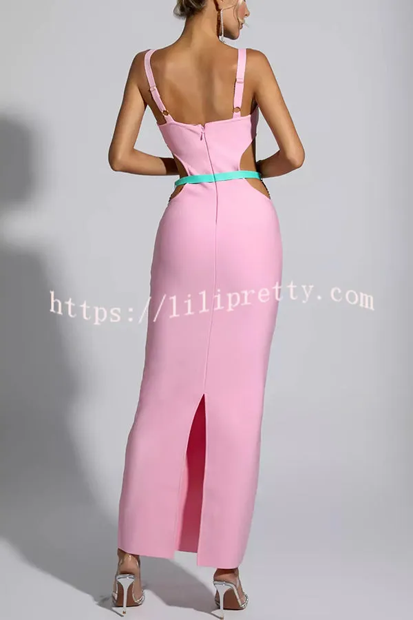Sunny and Sexy Colorblock Shell Pendant Cutout Waist Stretch Maxi Dress
