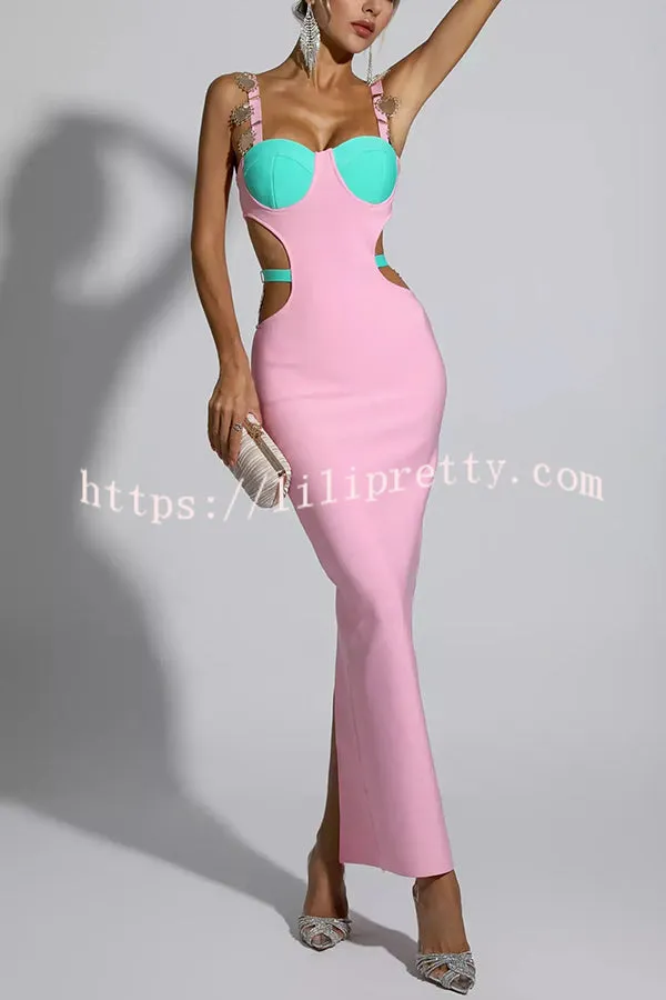 Sunny and Sexy Colorblock Shell Pendant Cutout Waist Stretch Maxi Dress