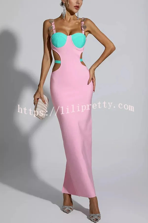 Sunny and Sexy Colorblock Shell Pendant Cutout Waist Stretch Maxi Dress