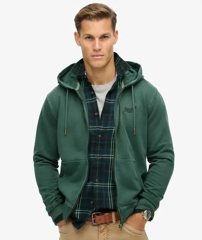 Superdry Mens Essential Logo Washed Zip Hoodie Forest Green