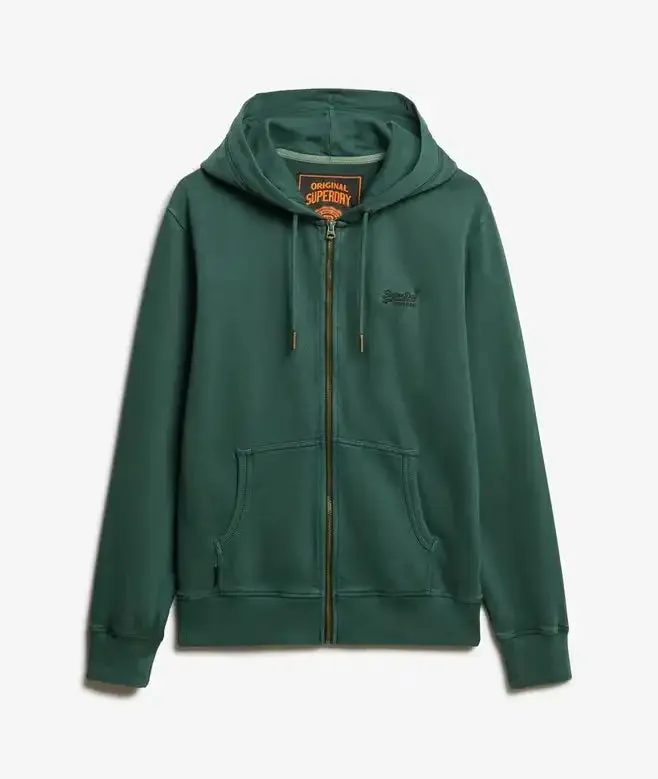 Superdry Mens Essential Logo Washed Zip Hoodie Forest Green