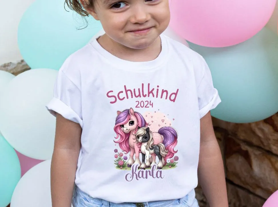 T-Shirt Schulkind Pferd mit Name personalisiert Mädchen Einschulungsshirt Einschulung erste Klasse Geschenk