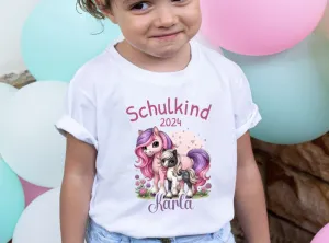 T-Shirt Schulkind Pferd mit Name personalisiert Mädchen Einschulungsshirt Einschulung erste Klasse Geschenk