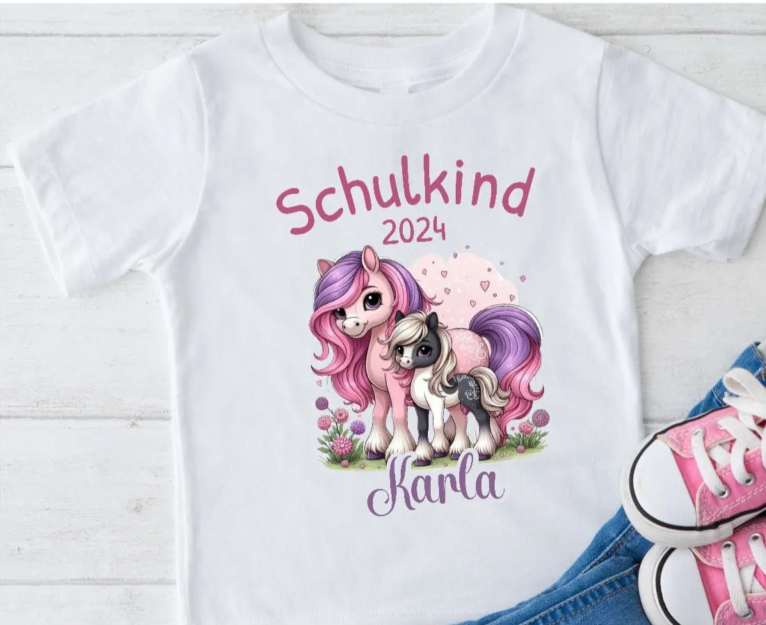 T-Shirt Schulkind Pferd mit Name personalisiert Mädchen Einschulungsshirt Einschulung erste Klasse Geschenk