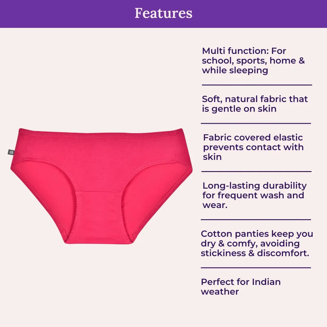 Teen Cotton Panties | Mid Waist | Full Hip Coverage | No Exposed Elastic At Waist & Thigh Round | Prevents Friction | Pack Of 3