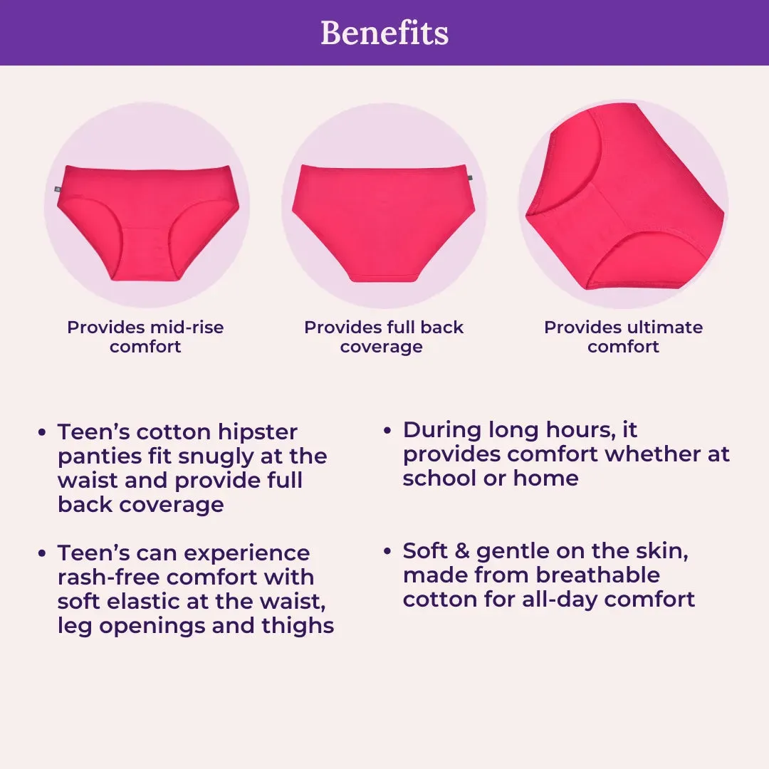 Teen Cotton Panties | Mid Waist | Full Hip Coverage | No Exposed Elastic At Waist & Thigh Round | Prevents Friction | Pack Of 3