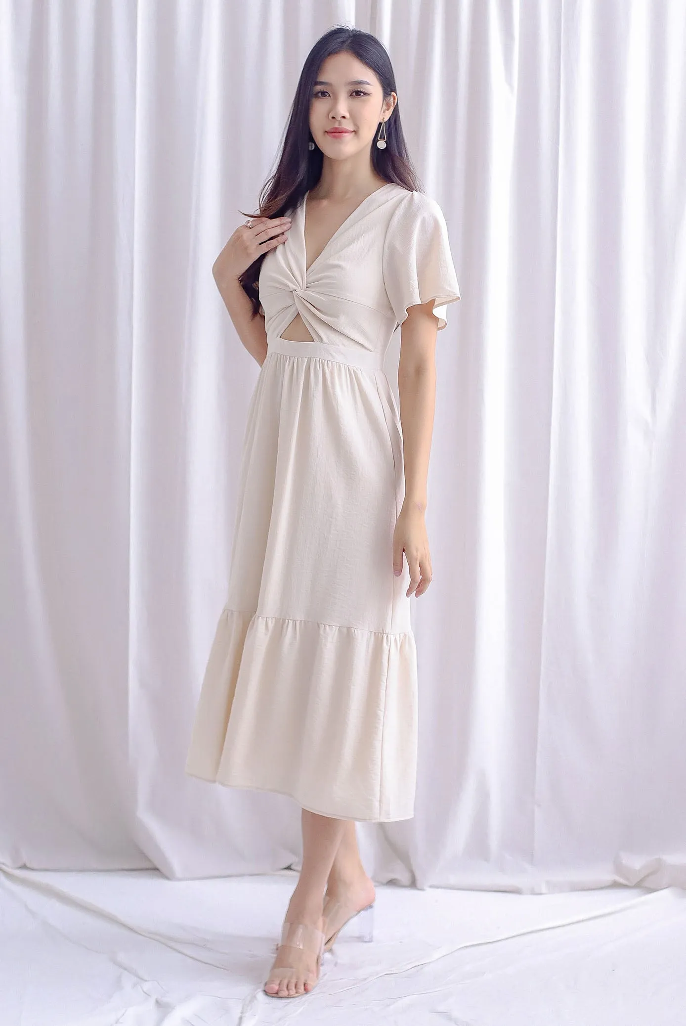 Teresa Flutter Sleeve Twist Knot Maxi Dress In Ecru