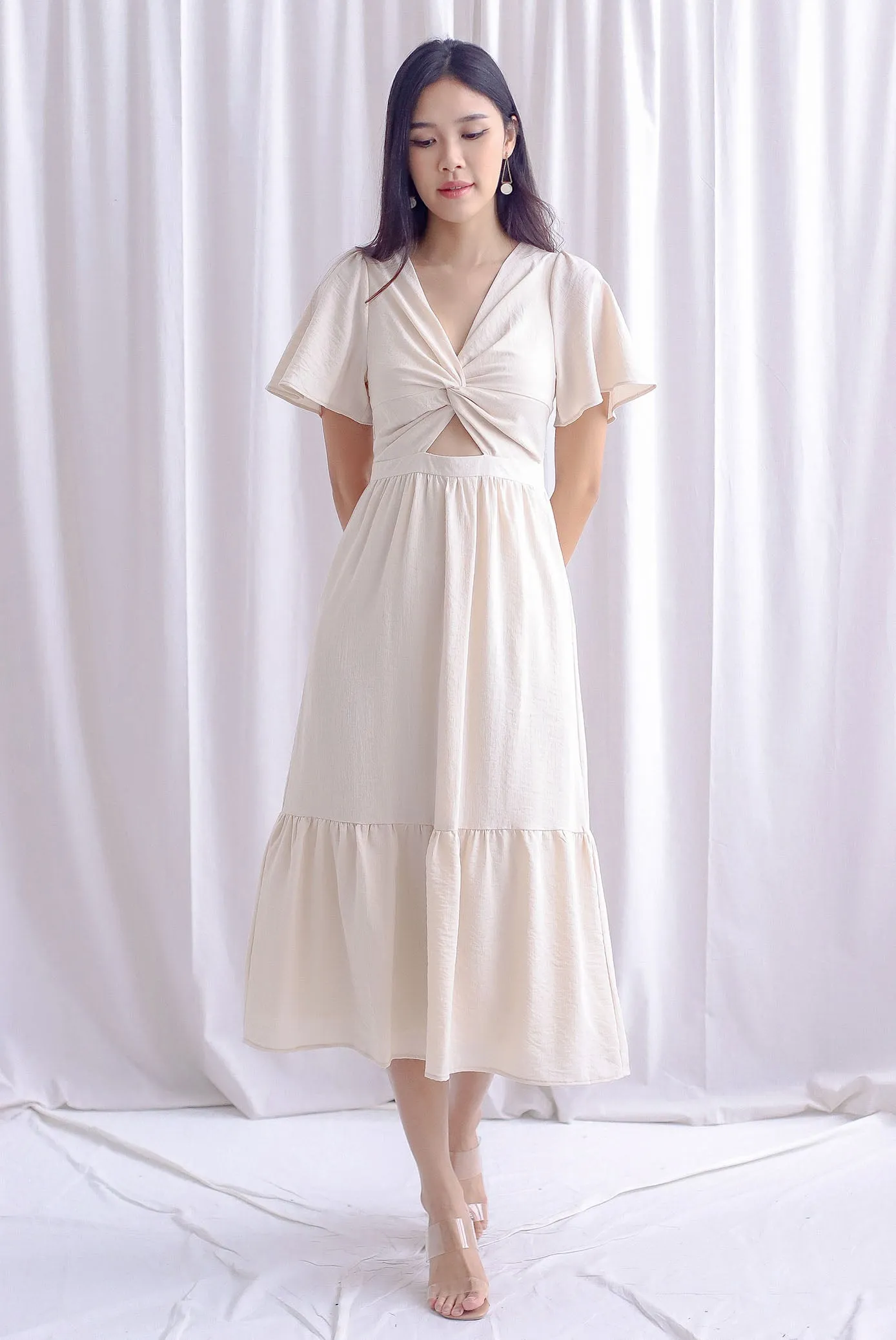 Teresa Flutter Sleeve Twist Knot Maxi Dress In Ecru