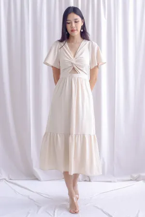 Teresa Flutter Sleeve Twist Knot Maxi Dress In Ecru