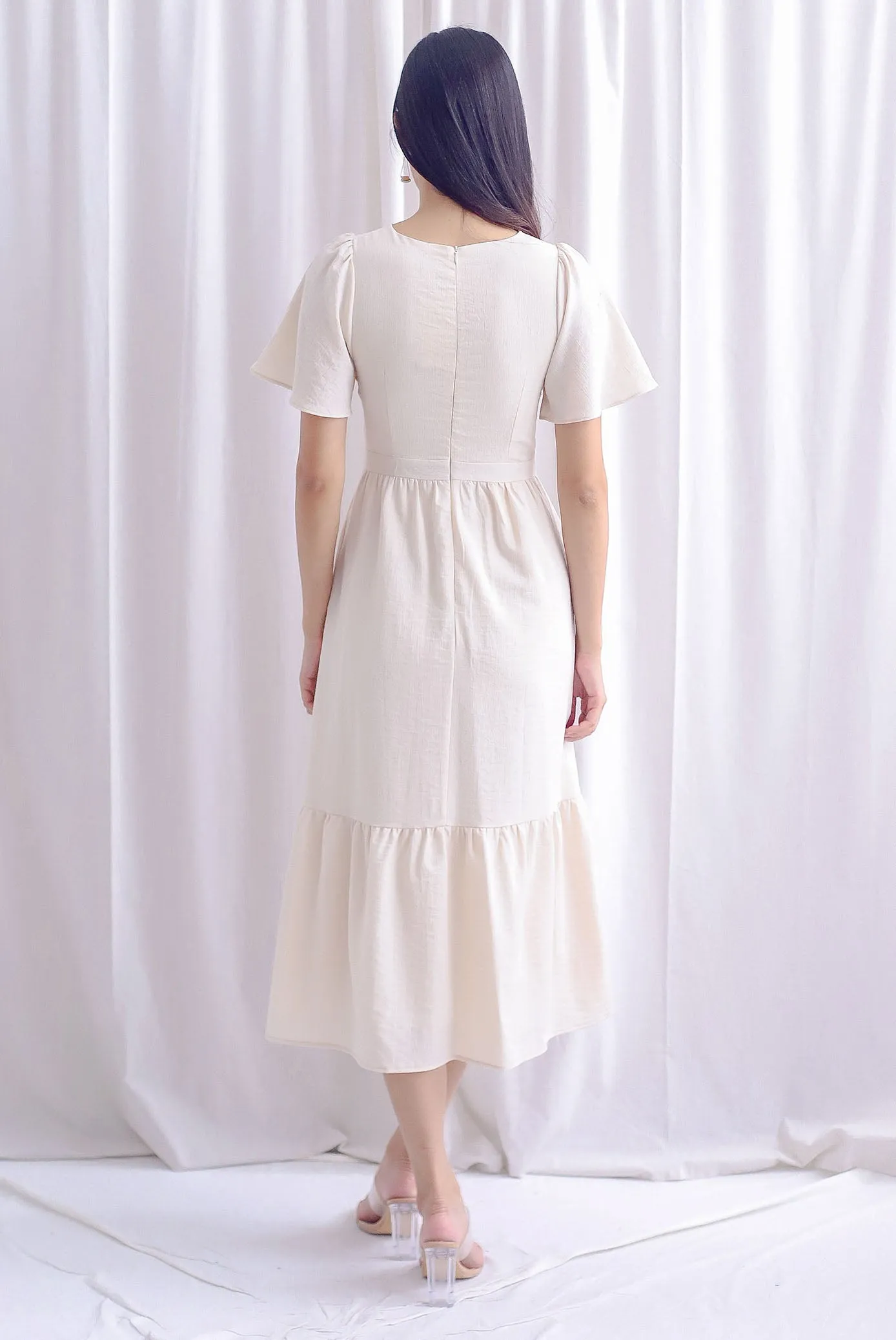 Teresa Flutter Sleeve Twist Knot Maxi Dress In Ecru