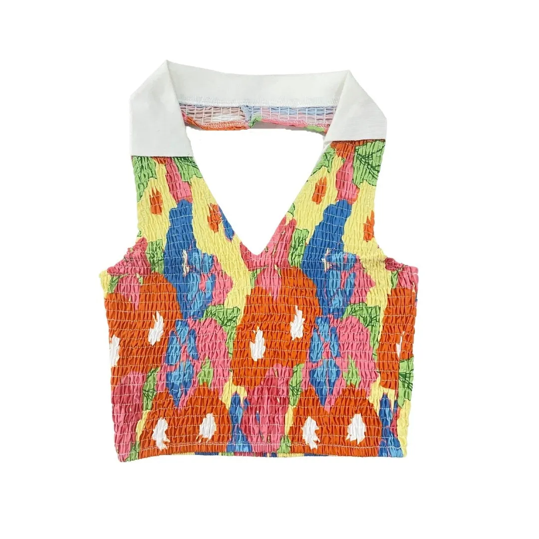 Textured contrast flower print turnover collar sleeveless halter crop top