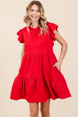Textured Dress W/Frilled Neck Side Pockets