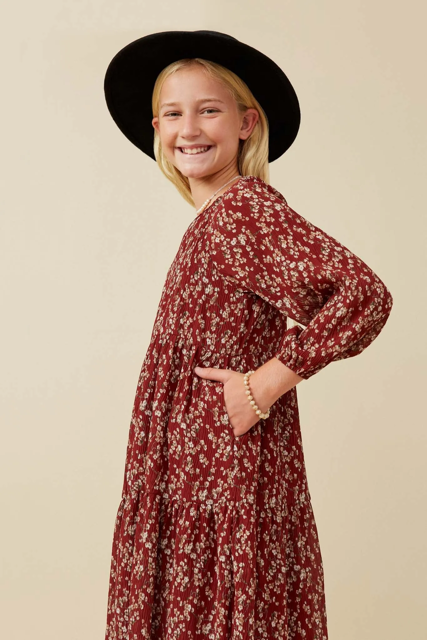 Textured Floral Puff Sleeve Midi Dress