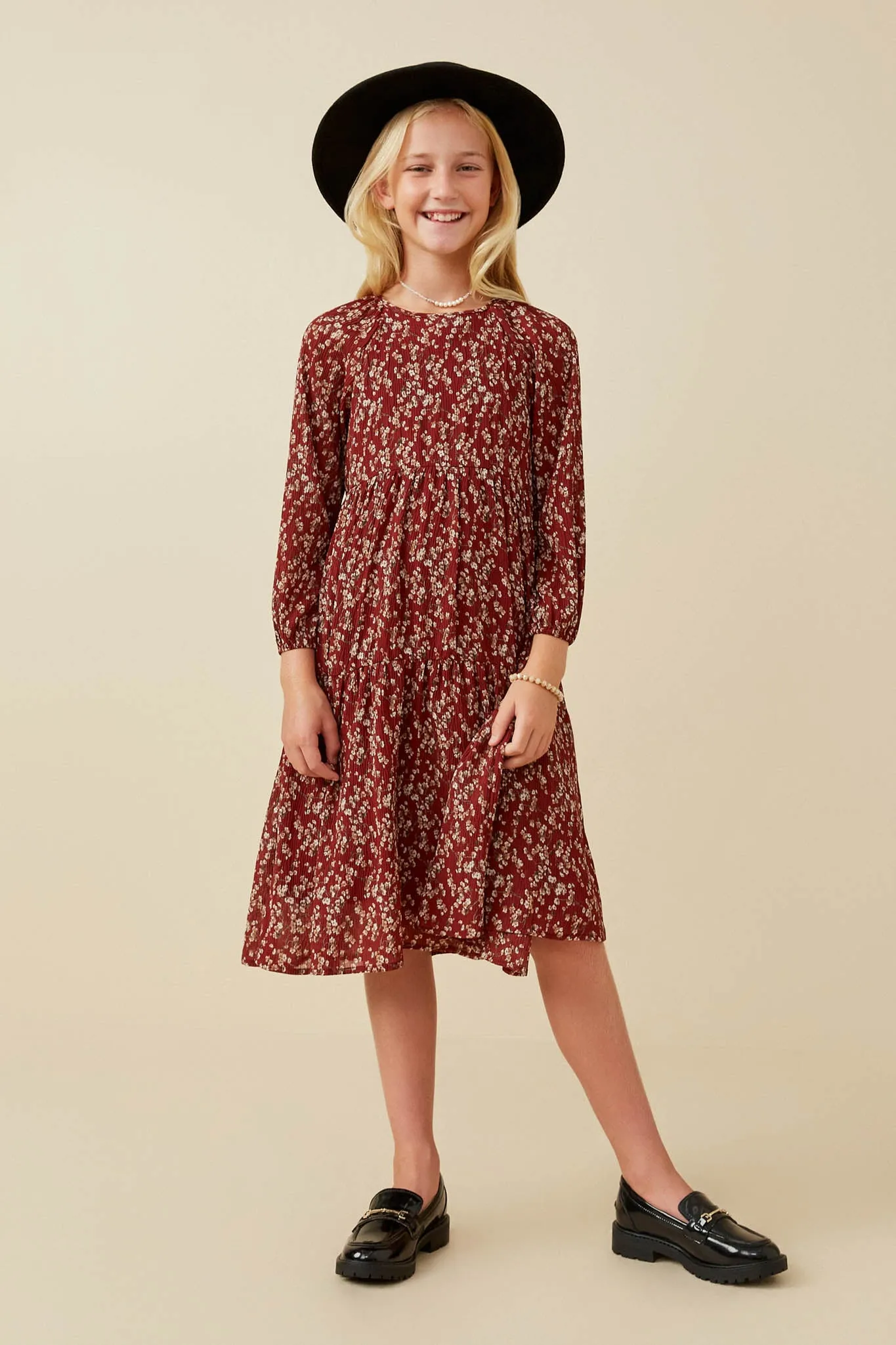 Textured Floral Puff Sleeve Midi Dress