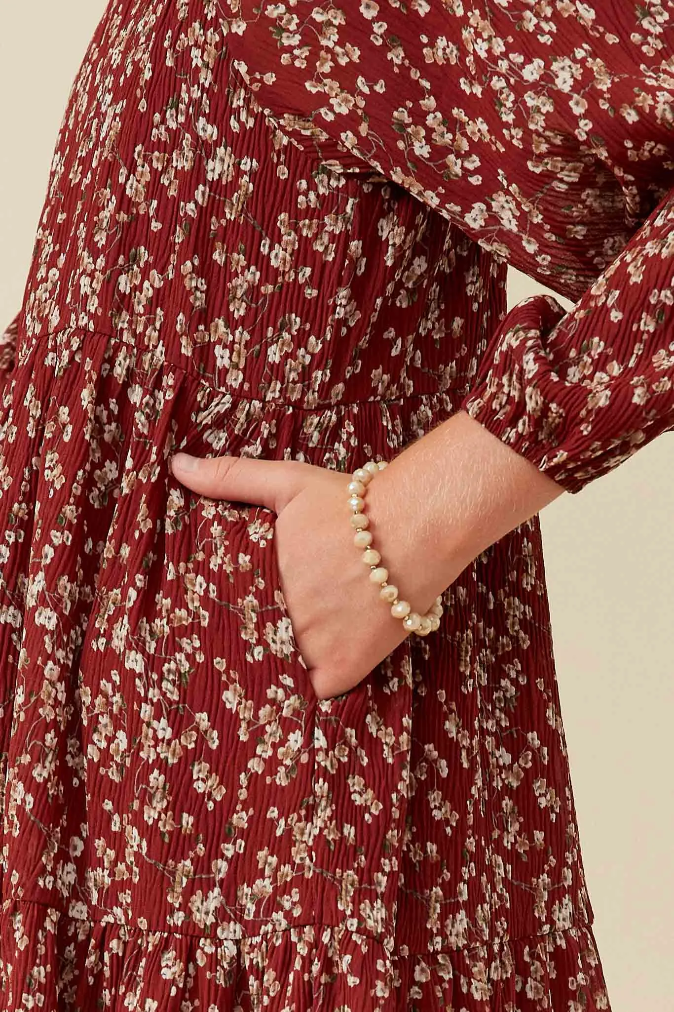 Textured Floral Puff Sleeve Midi Dress