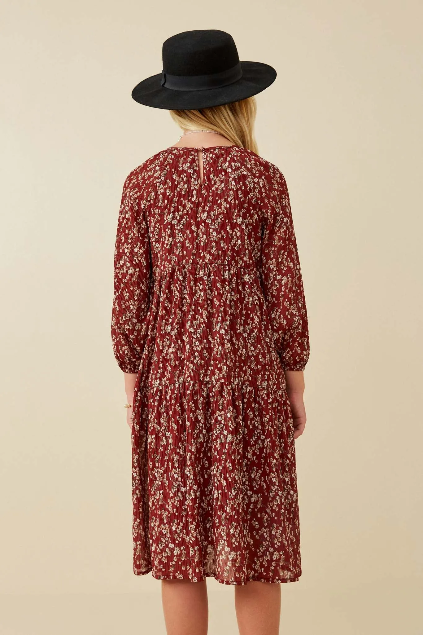 Textured Floral Puff Sleeve Midi Dress