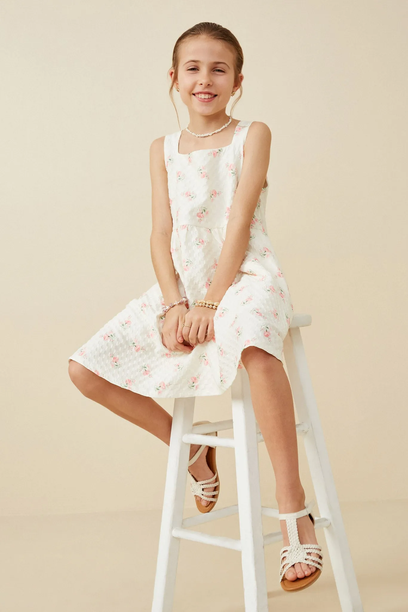 Textured Floral Square Neck Tank Dress