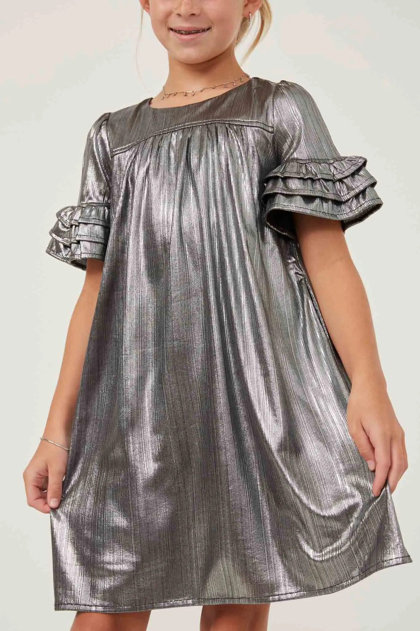 Textured Iridescent Ruffle Sleeve Dress