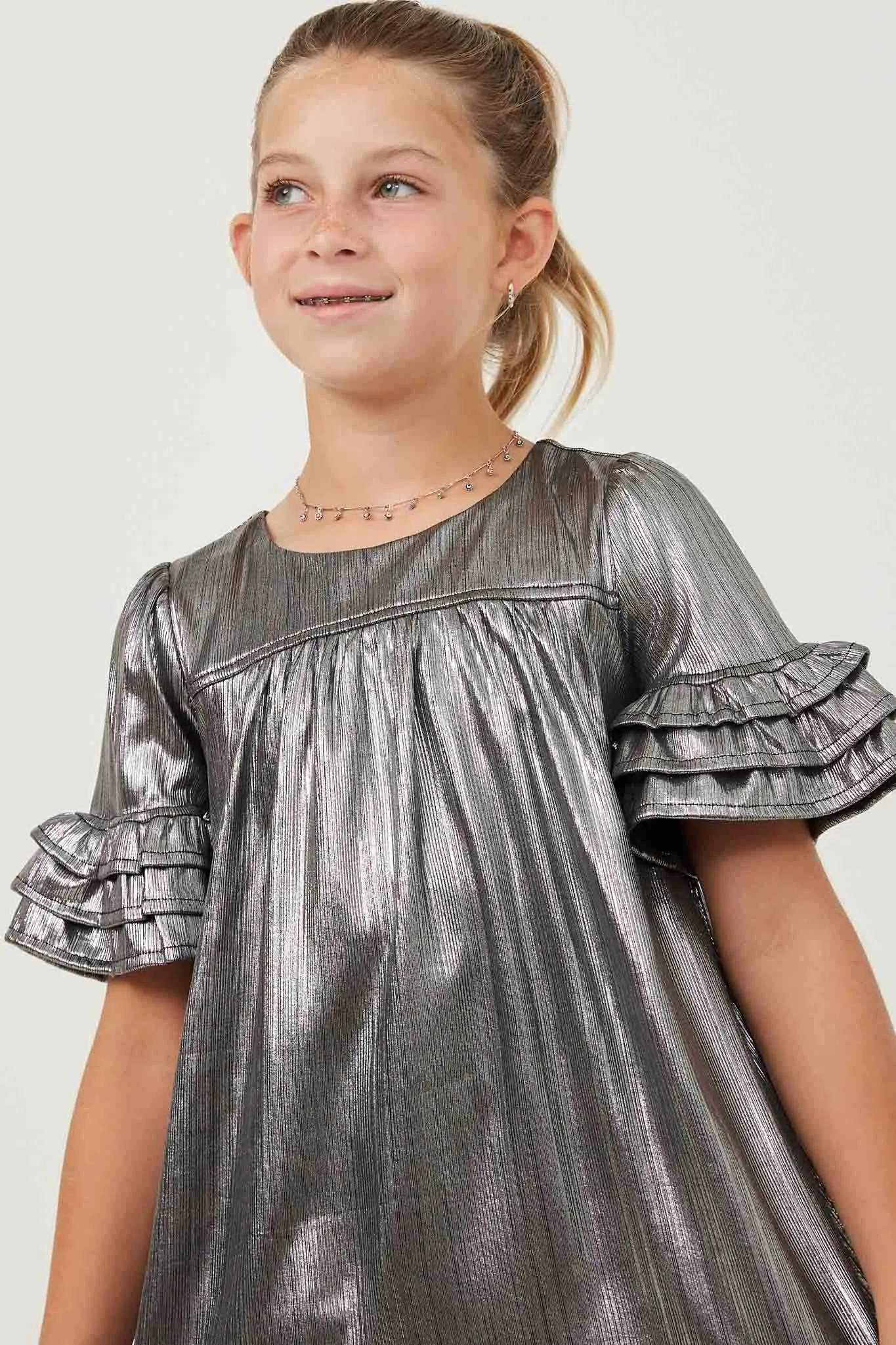 Textured Iridescent Ruffle Sleeve Dress